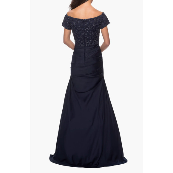La Femme Off the Shoulder Beaded Satin Trumpet Gown in Color Navy in Size 6 NWOT - Picture 2 of 10